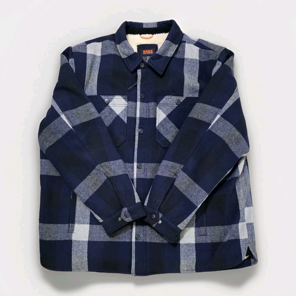 Bass Outdoors Men's Sherpa Lined Flannel Jacket XXL‎ Blue Plaid Shacket Heavy